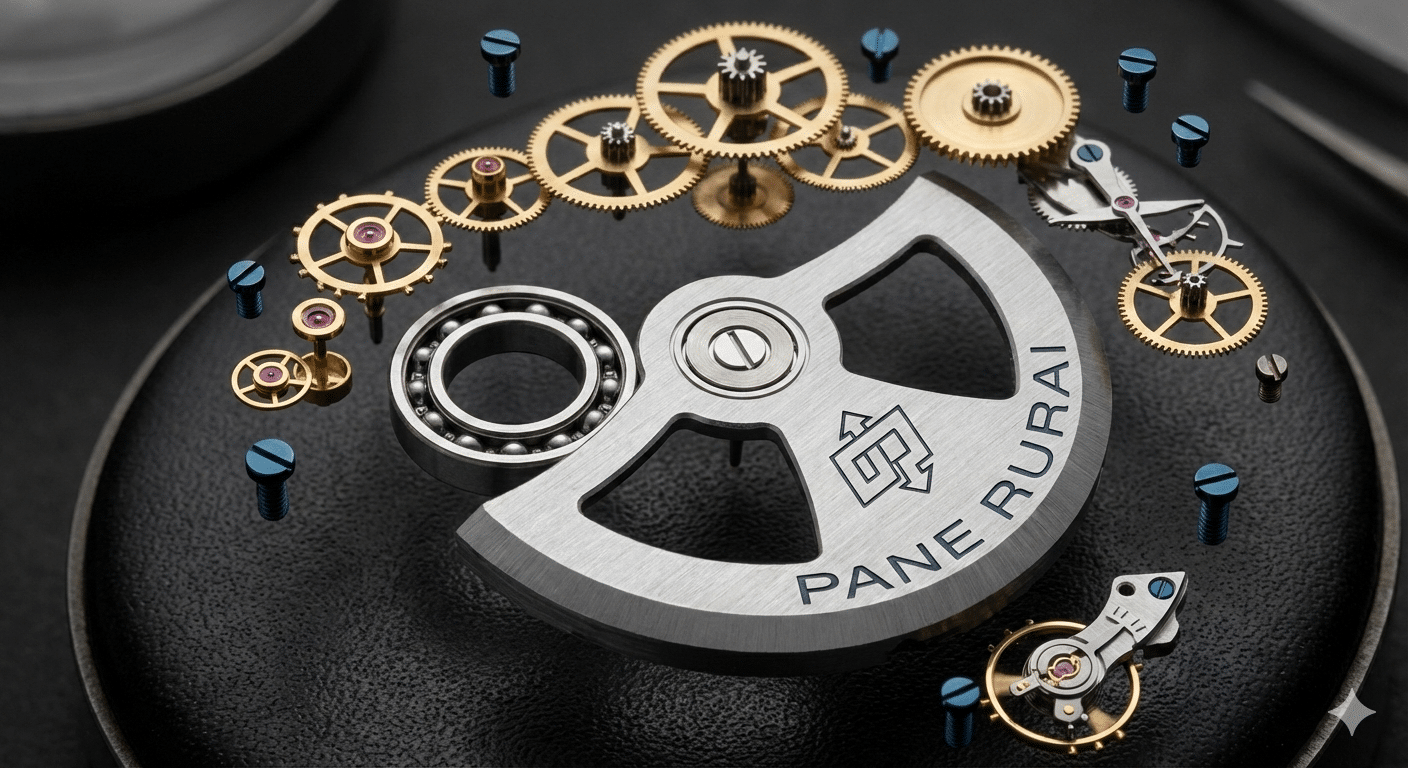 Exploded view of a watch movement highlighting the automatic rotor and its ball-bearing mechanism, surrounded by various gears and jewels.