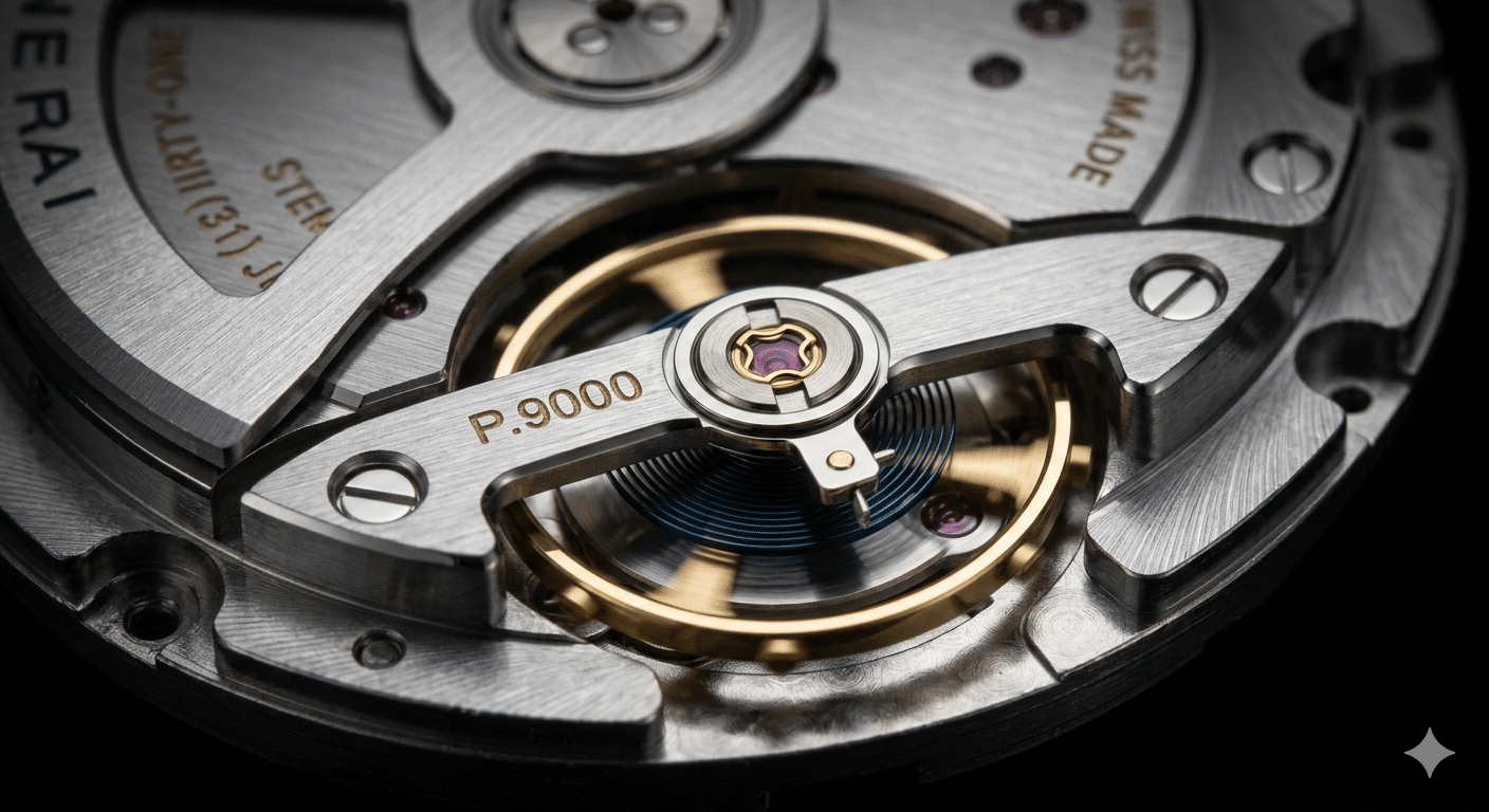Close-up view of a VS Factory P.9000 balance bridge and Glucydur-style balance wheel oscillating, showing clean hairspring coils.