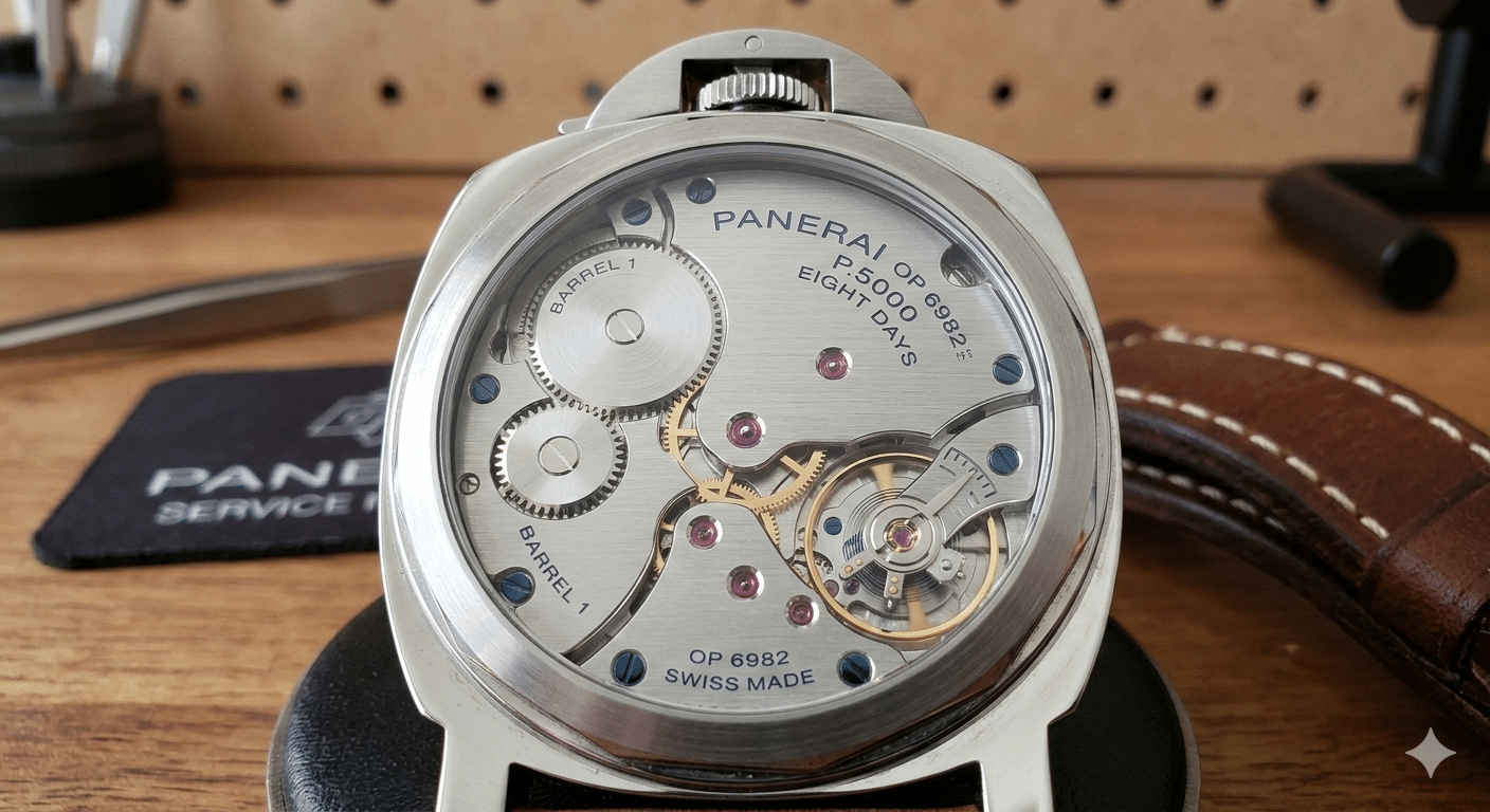 Close-up of a genuine Panerai P.5000 movement showing the large bridge, dual mainspring barrels, and detailed finishing.