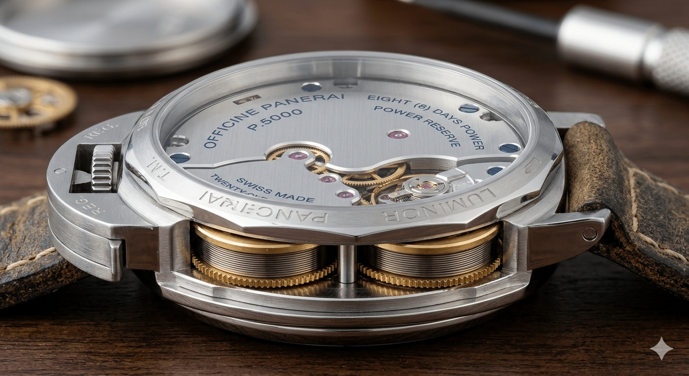 Side profile view of a replica P.5000 movement showing its thickness and the clearance between mainspring barrels and bridges.