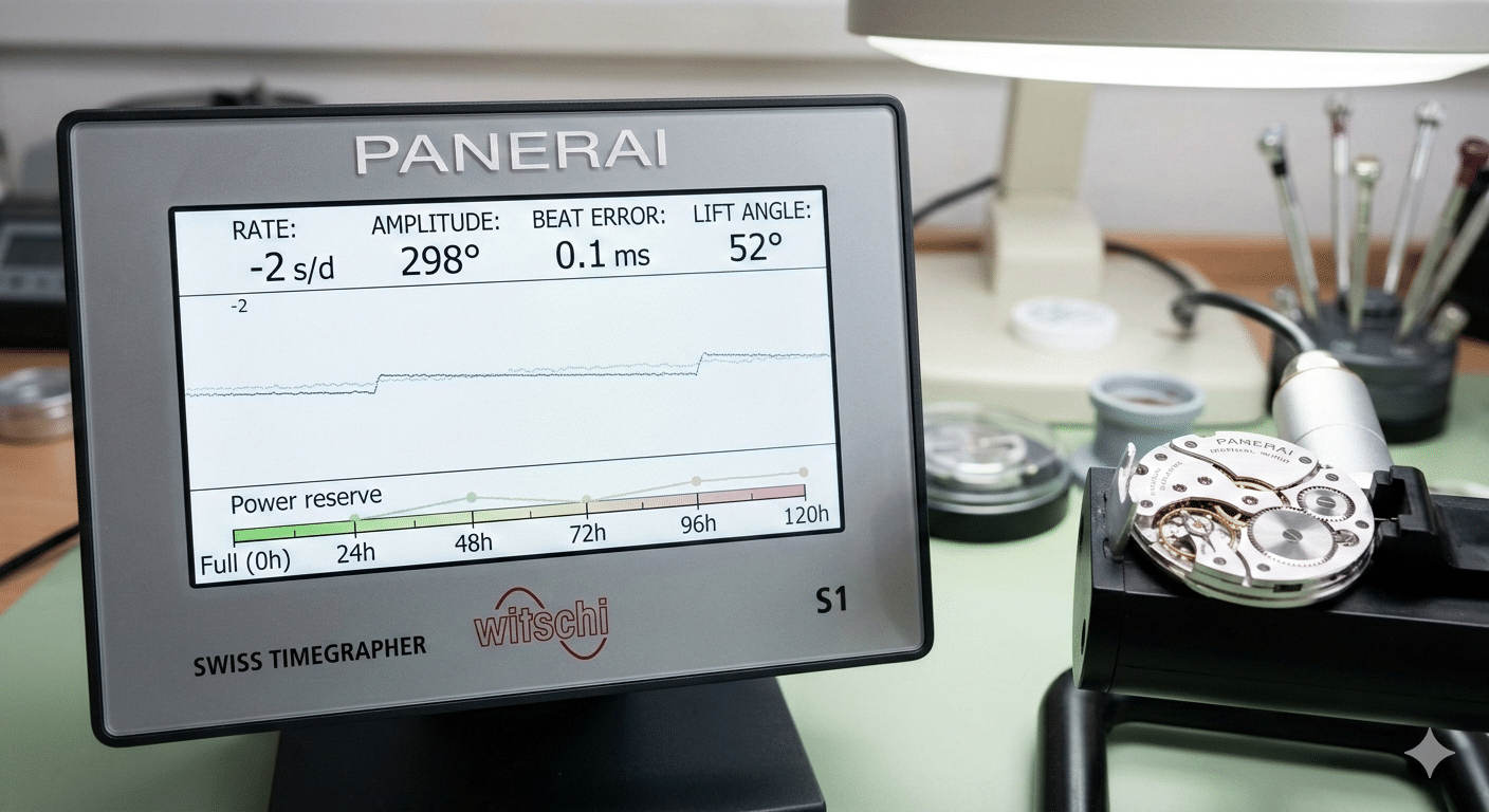 Timegrapher display showing amplitude, beat error, and rate of a replica P.5000 movement at various stages of its power reserve.