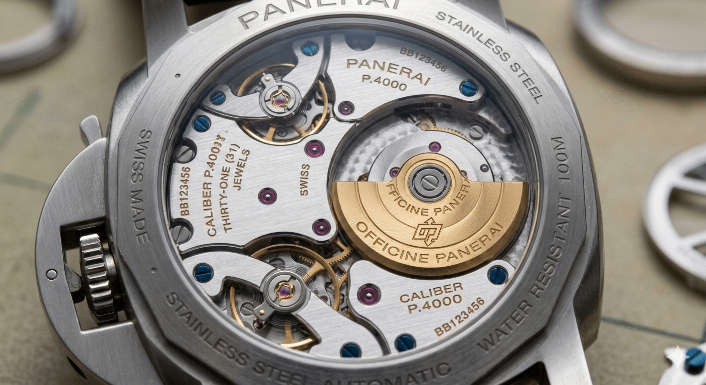 A close-up view of a genuine Panerai P.4000 micro-rotor movement, highlighting the integrated micro-rotor and intricate bridge architecture.
