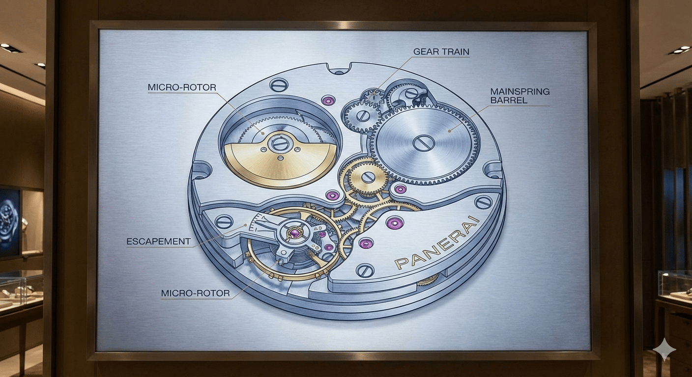 A diagram illustrating the internal components of a micro-rotor movement, showing the rotor integrated within the movement plate and the complex gear train.