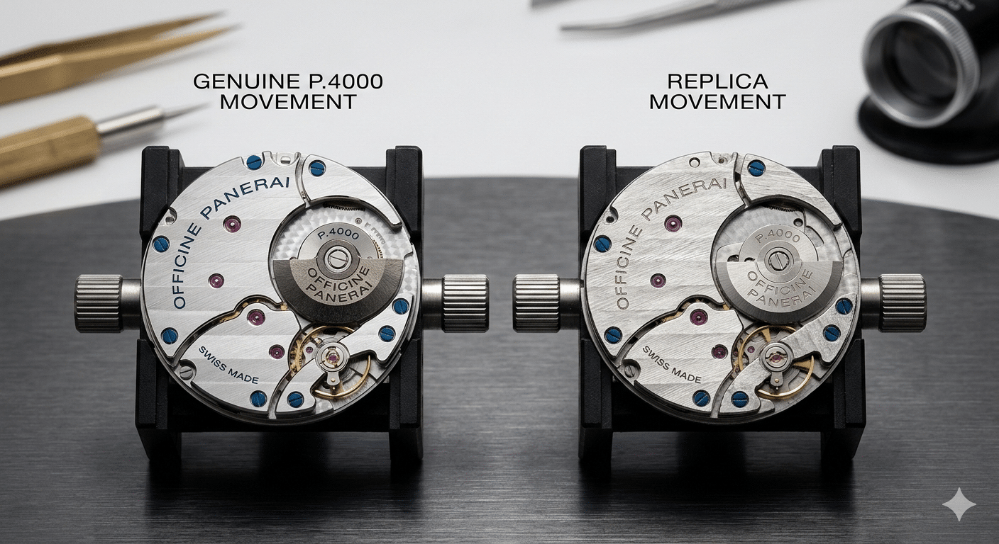 A side-by-side comparison of a genuine P.4000 movement and a replica, highlighting differences in rotor size, material, and visible finishing.