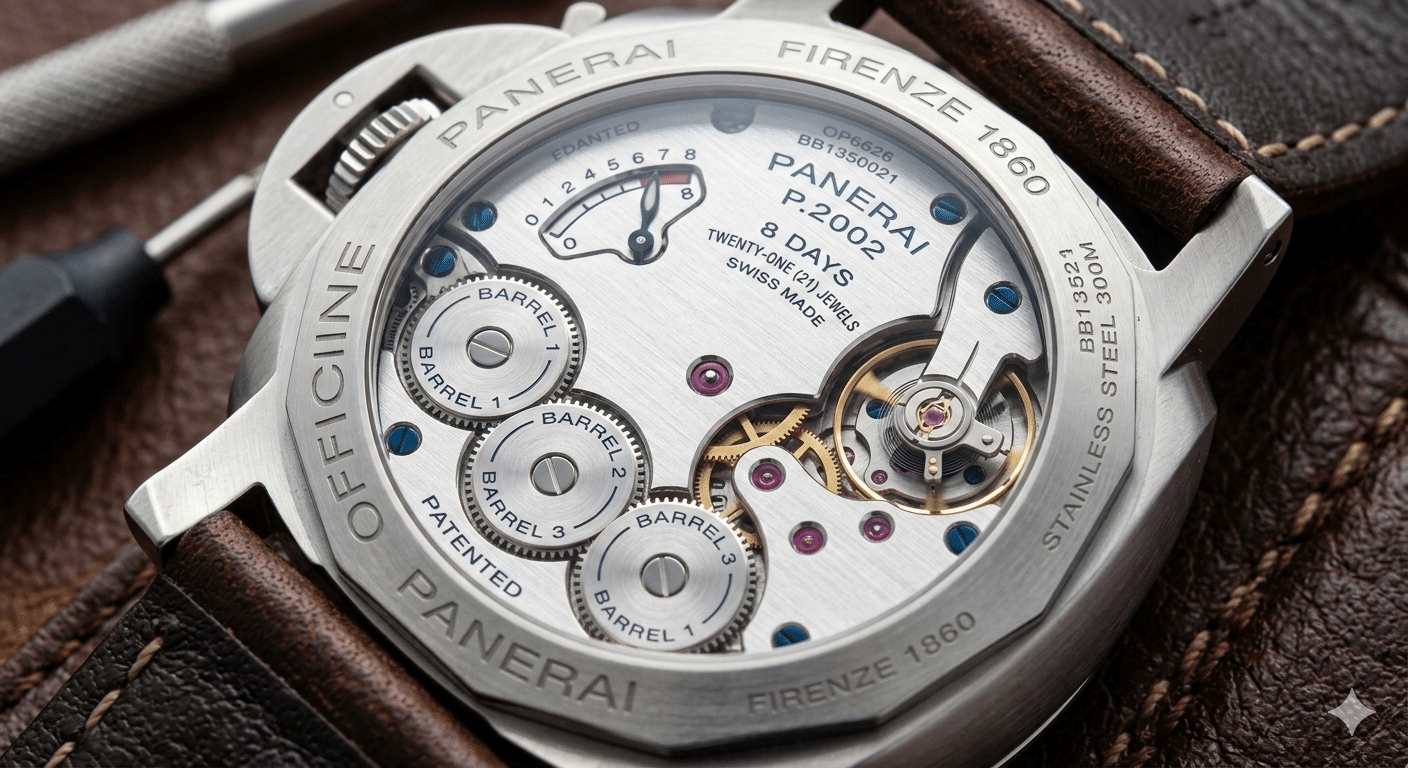 Panerai P.2002 movement with visible triple barrels and power reserve indicator mechanism