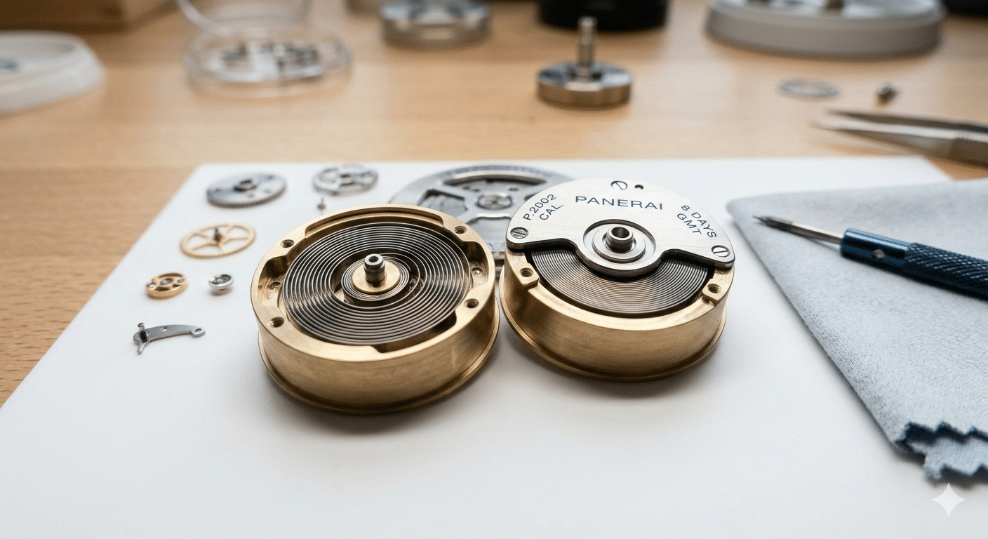 Disassembled replica Panerai P.2002 movement barrels showing mainsprings