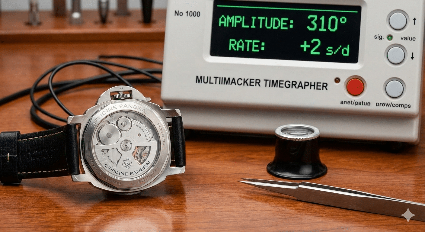 Timegrapher display showing amplitude and rate readings for a watch movement