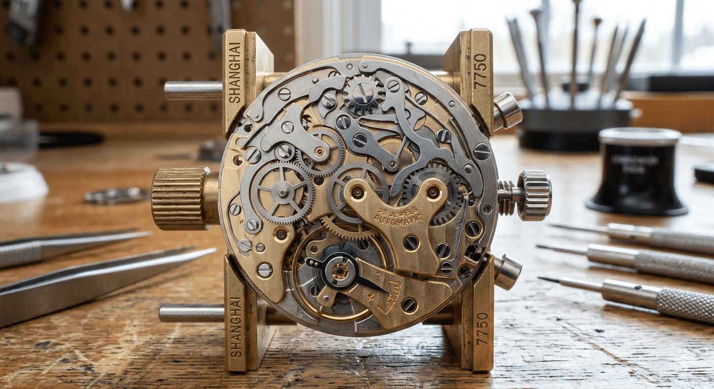 Close-up view of an unmodified Shanghai 7750 movement showing its standard sub-dial gear train and cam system