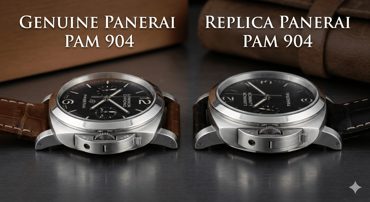 Side-by-side comparison of a genuine Panerai chronograph and a replica, highlighting the noticeable difference in case thickness