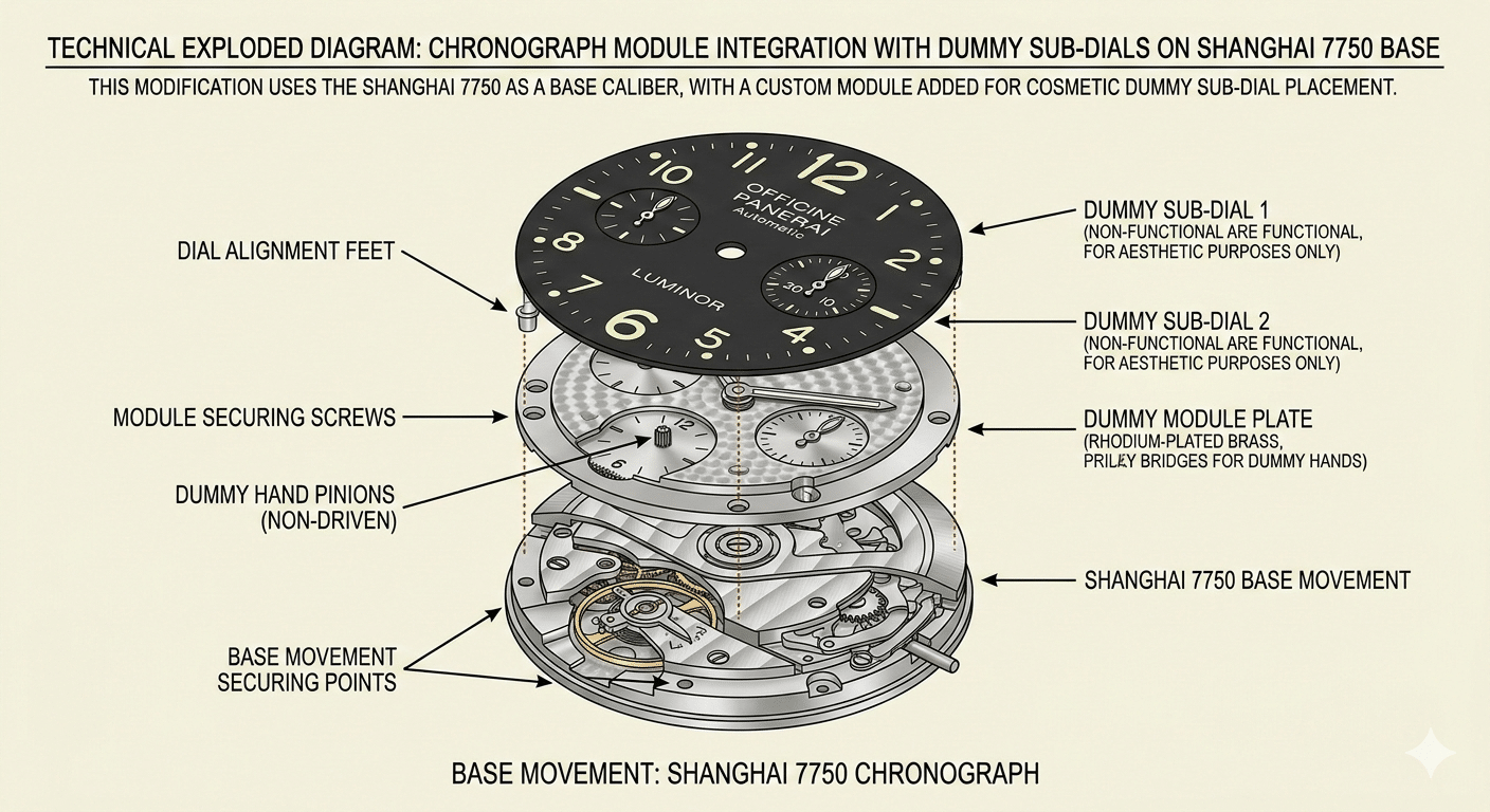 Diagram illustrating the layering of a module with dummy sub-dials on top of a base Shanghai 7750 movement
