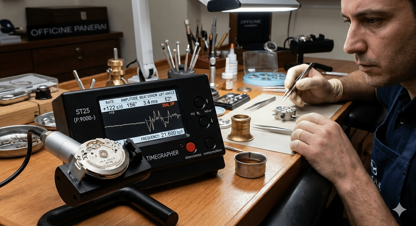 A watchmaker's timegrapher displaying readings for an ST25 movement, with a focus on beat error and amplitude values that indicate poor regulation or wear.