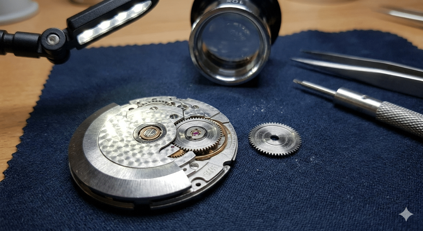 A disassembled Dandong 2824 clone movement, with a focus on the automatic winding bridge and exposed reversing wheels, showing potential areas of poor finishing or burrs.