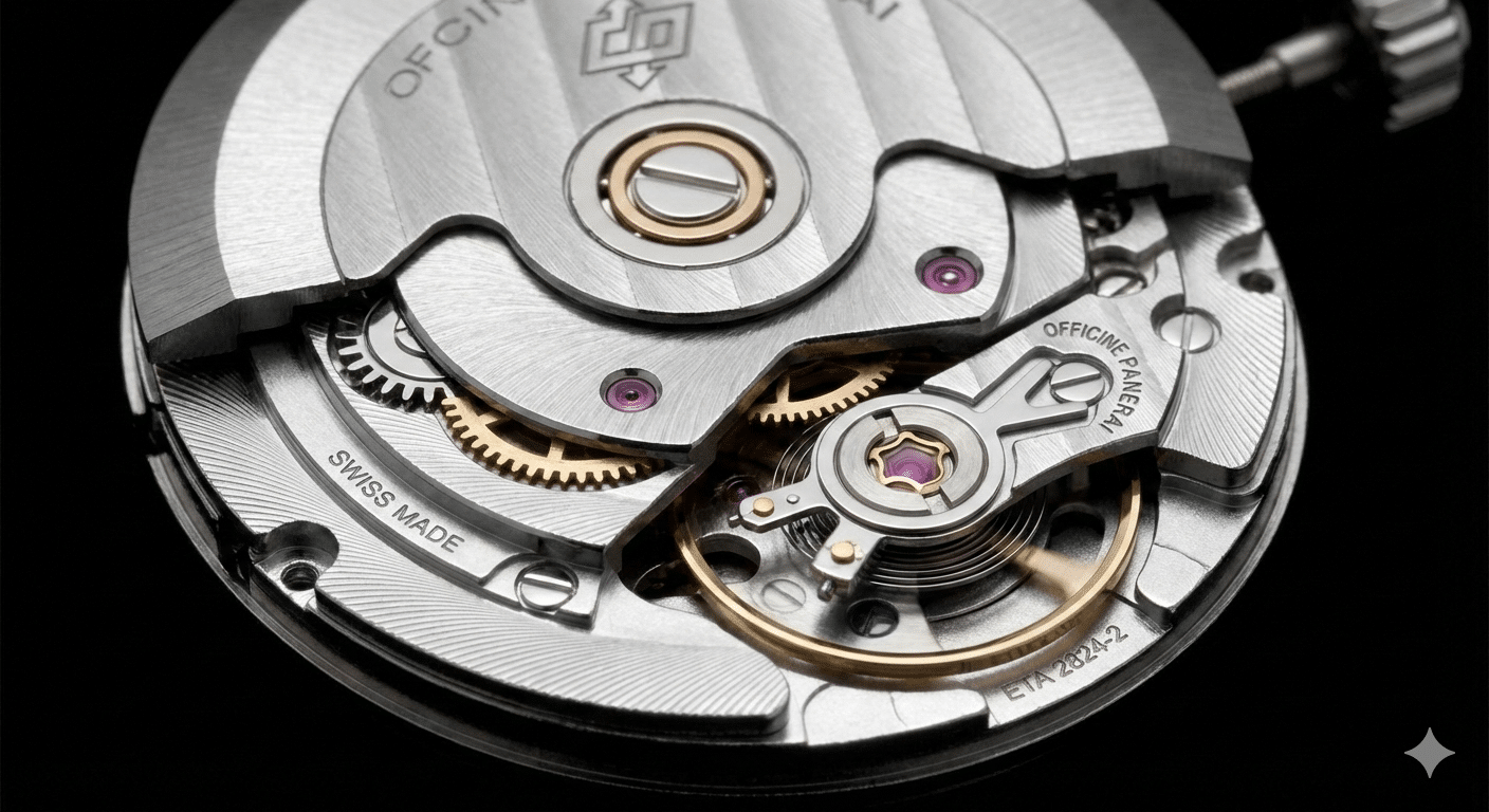 Close-up of a genuine ETA 2824 movement showing Incabloc shock protection and precise finishing.