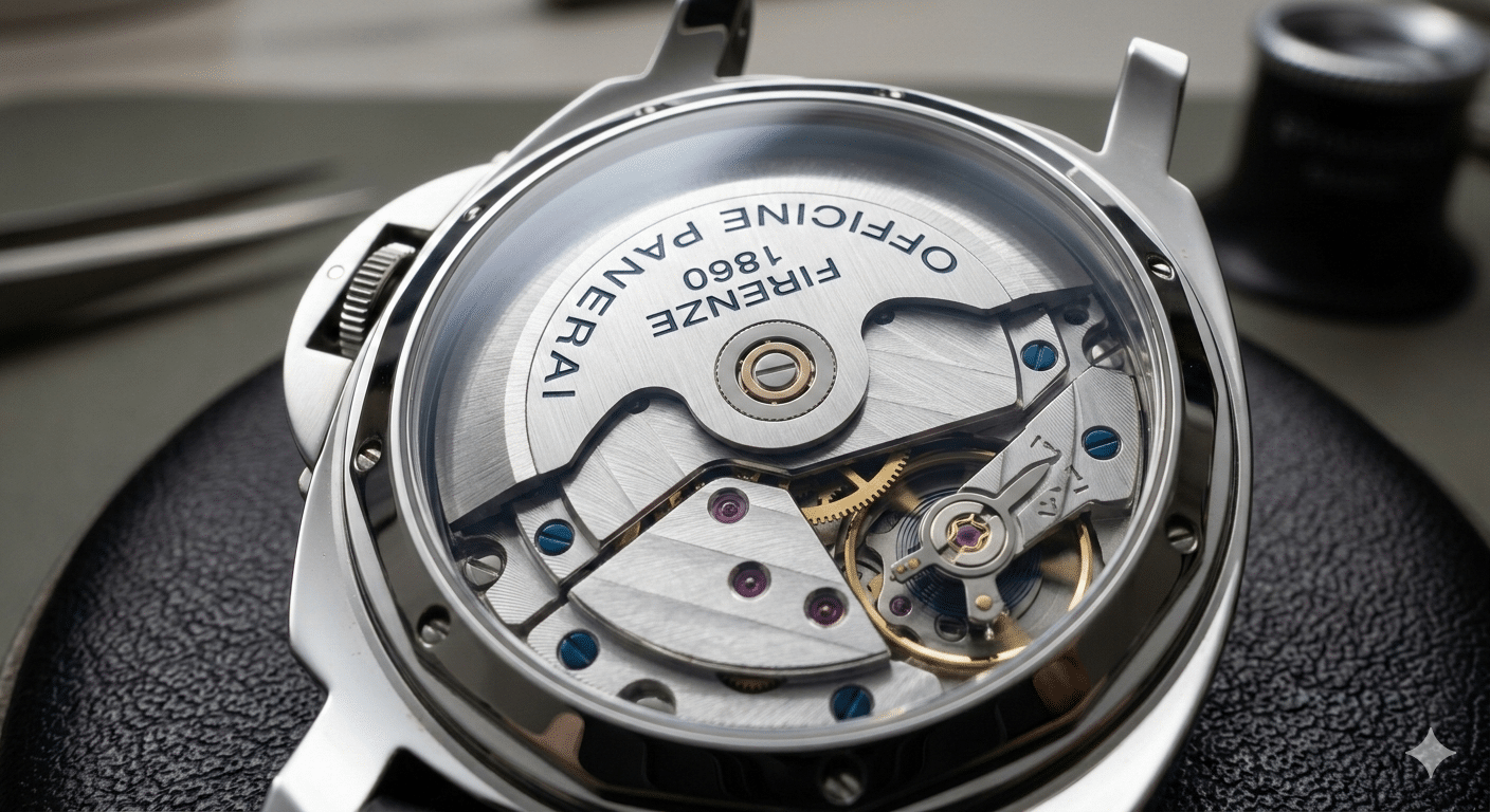 Sellita SW200-1 movement with a custom-engraved replica Panerai rotor and decorative bridge plating.