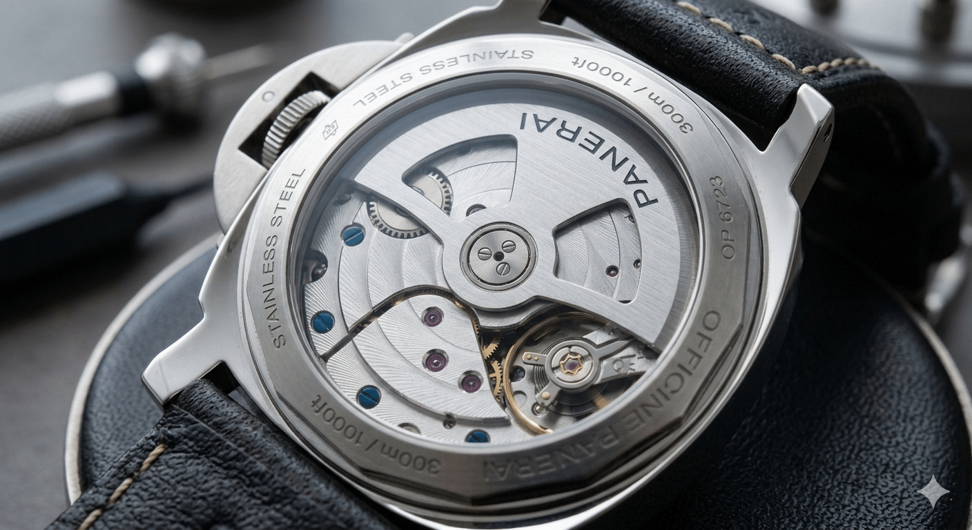 Sea-Gull ST2130 movement with a customized Panerai-style rotor and basic decoration.