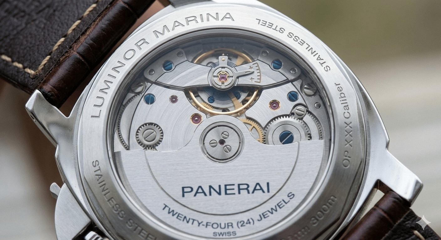 Close-up of a Panerai replica movement with visible balance wheel and bridges.