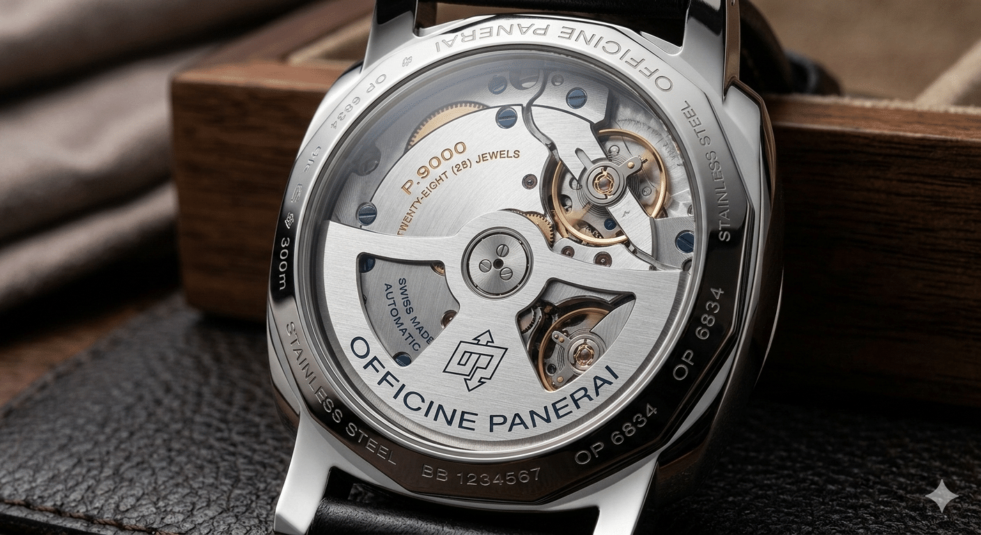 Detailed view of the VS P.9000/P.9010 clone movement through a display caseback.
