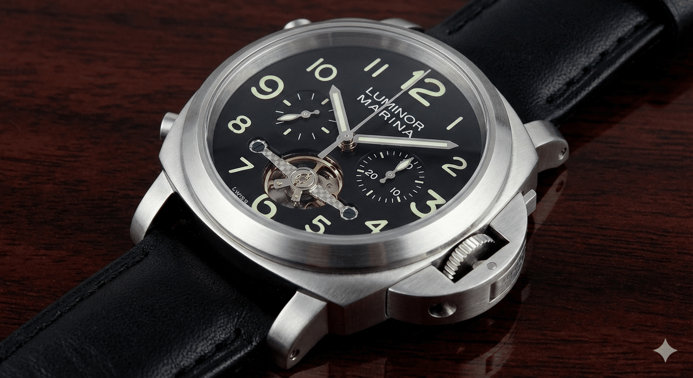 Panerai replica watch with a visible chronograph sub-dial, indicating an A7750 clone movement.