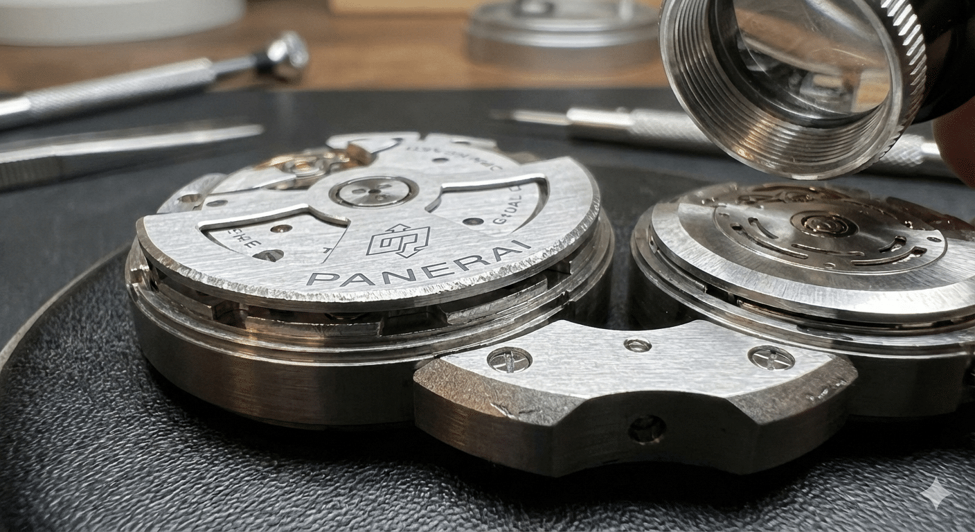 Close-up of a replica Panerai movement's balance cock showing less refined finishing compared to a genuine Swiss ETA.