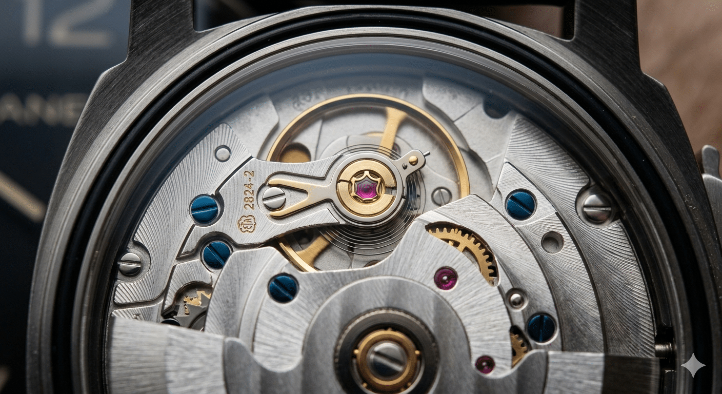 Macro shot of a genuine ETA 2824-2 movement showing the Glucydur balance wheel and Incabloc shock protection.