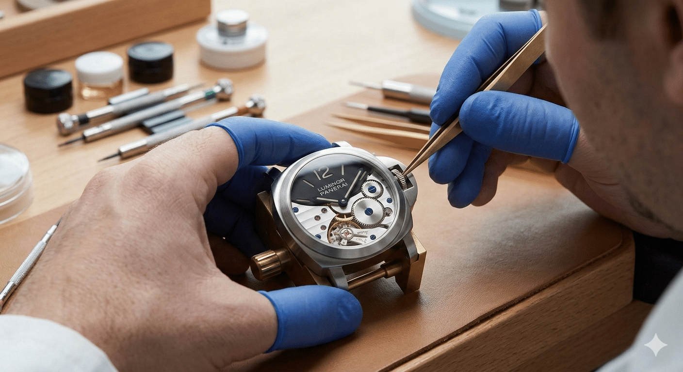 Watchmaker's hands carefully adjusting a crown stem into an ETA movement within a Panerai replica case.