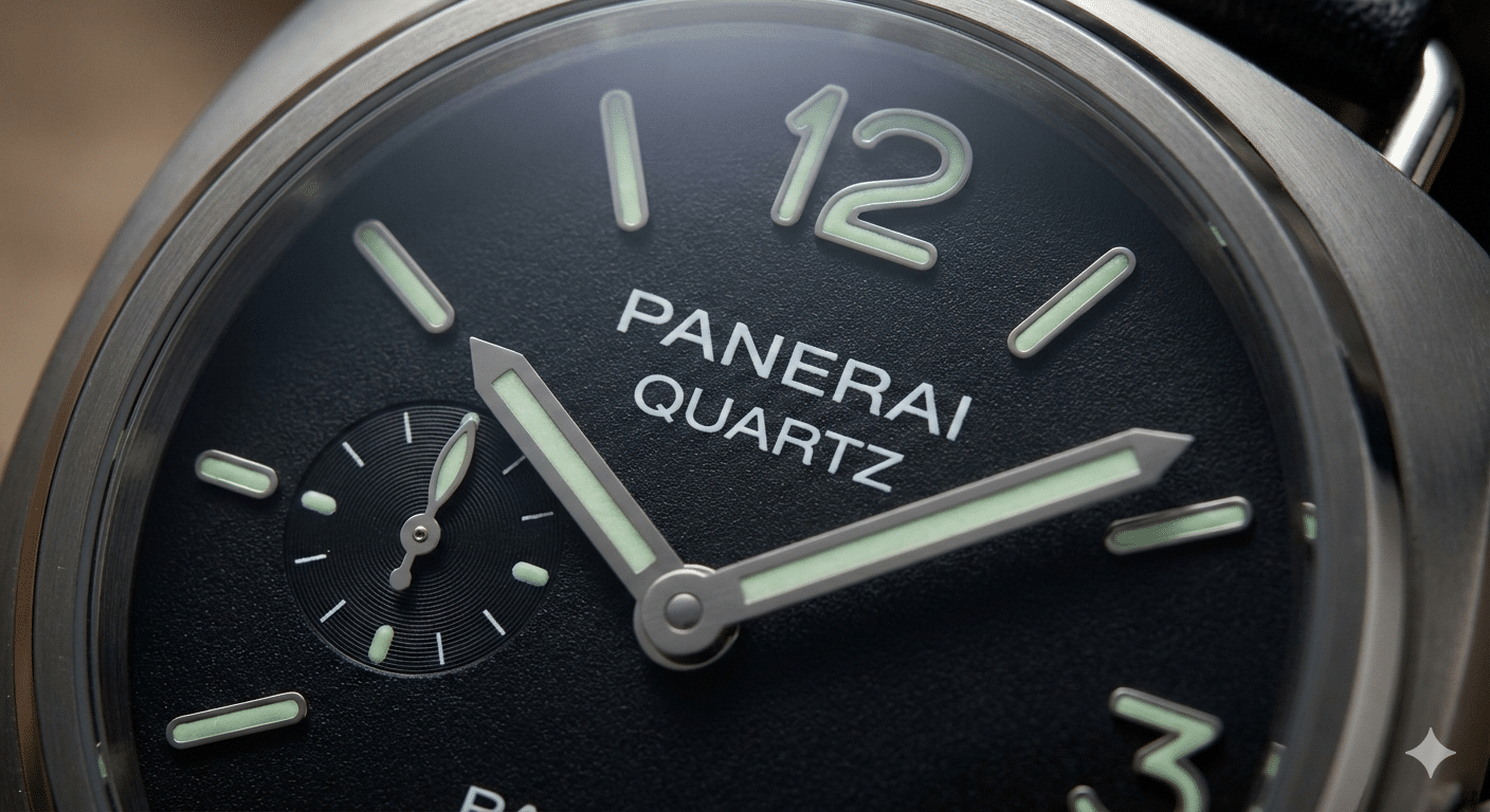 A close-up of a quartz Panerai replica's dial, highlighting crispness of printing and lume application.