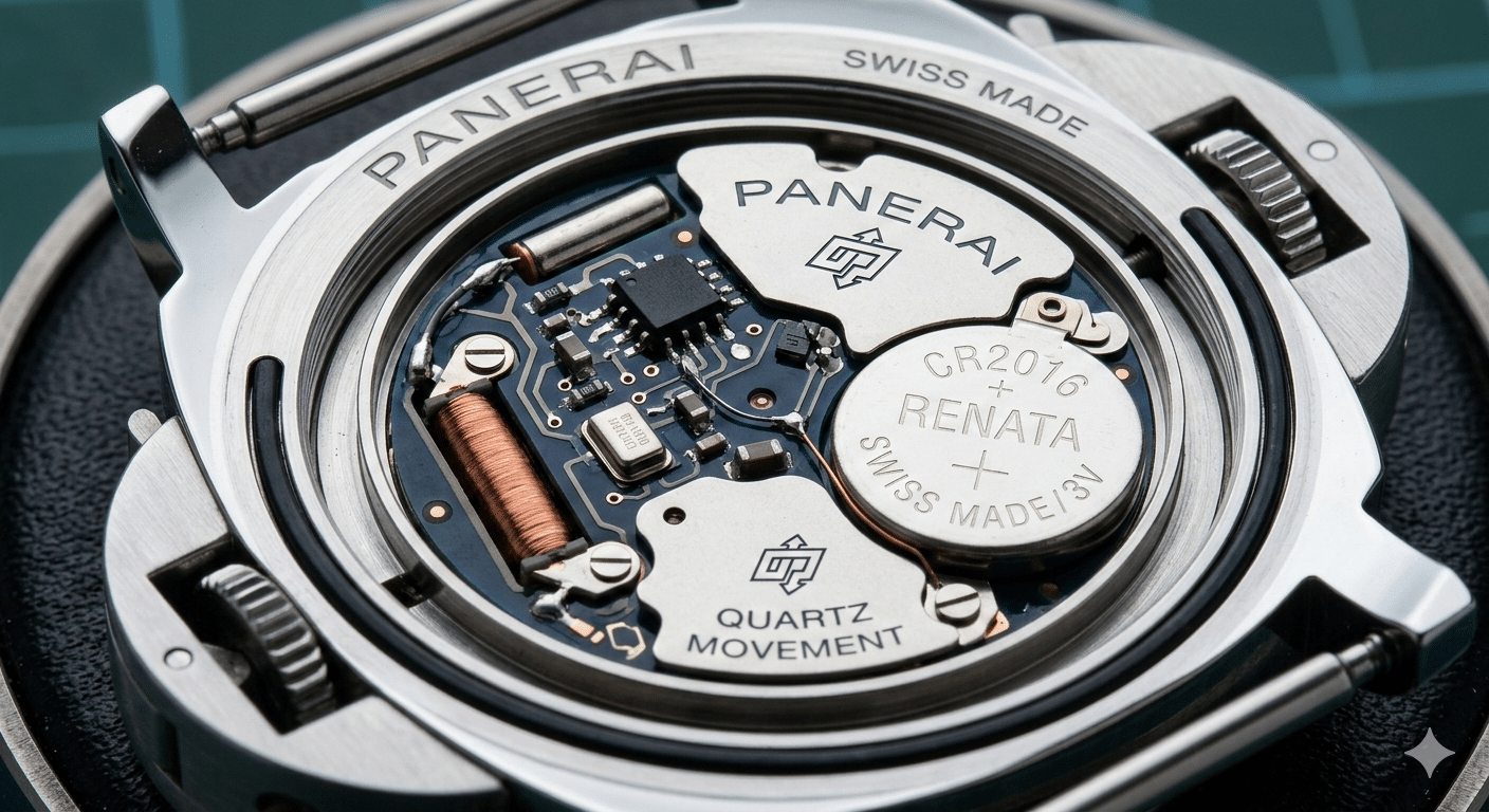 An exposed quartz watch movement, showing the battery, circuit board, and lack of complex gearing.