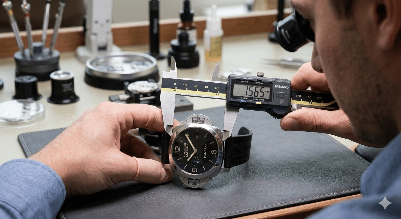A watch being measured with precision calipers, focusing on case thickness.
