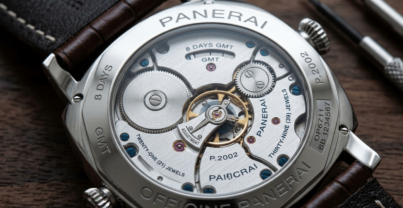 Close-up view of a genuine Panerai P.2002 movement, highlighting its large balance wheel and twin barrels visible through a sapphire case back.