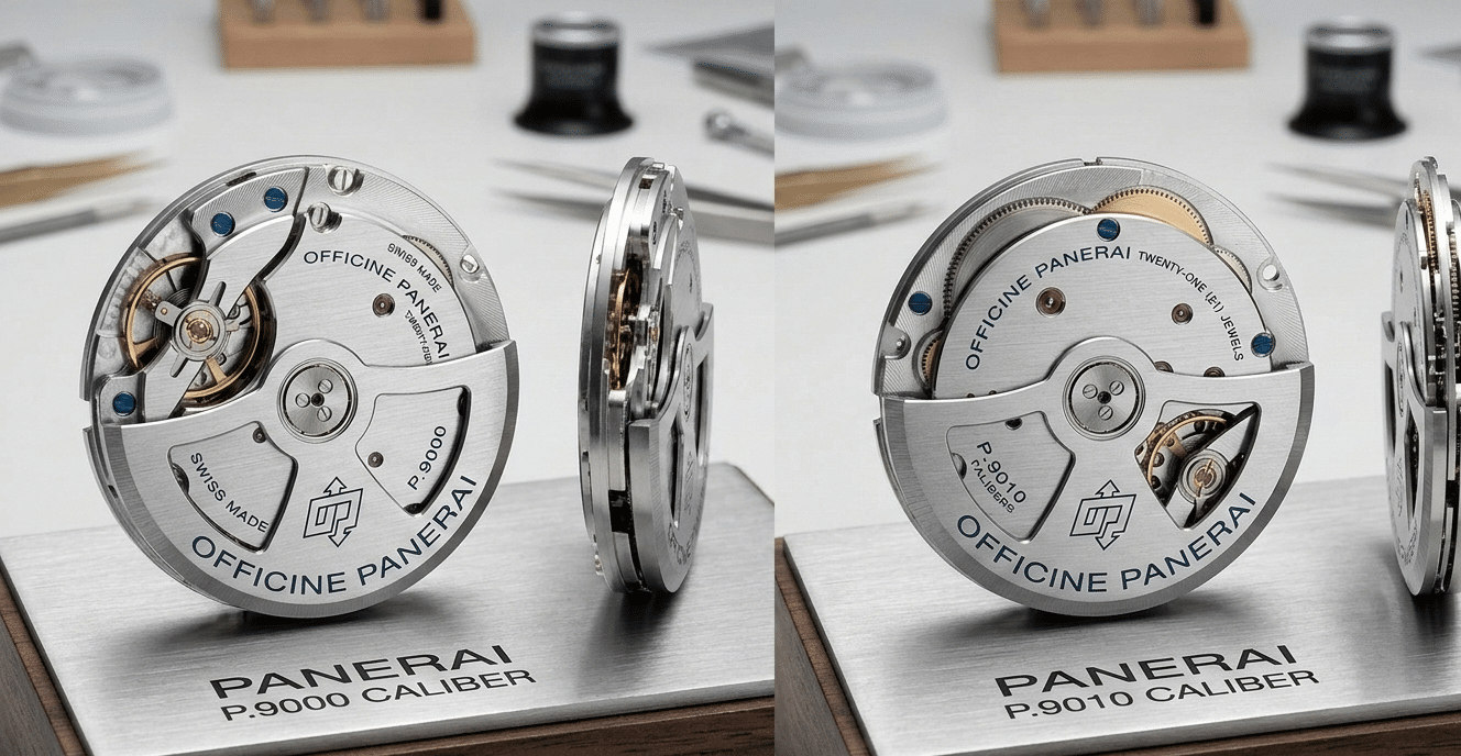 Detailed comparison image of a genuine Panerai P.9000 movement next to a P.9010, highlighting the differences in bridge layout and overall thickness.