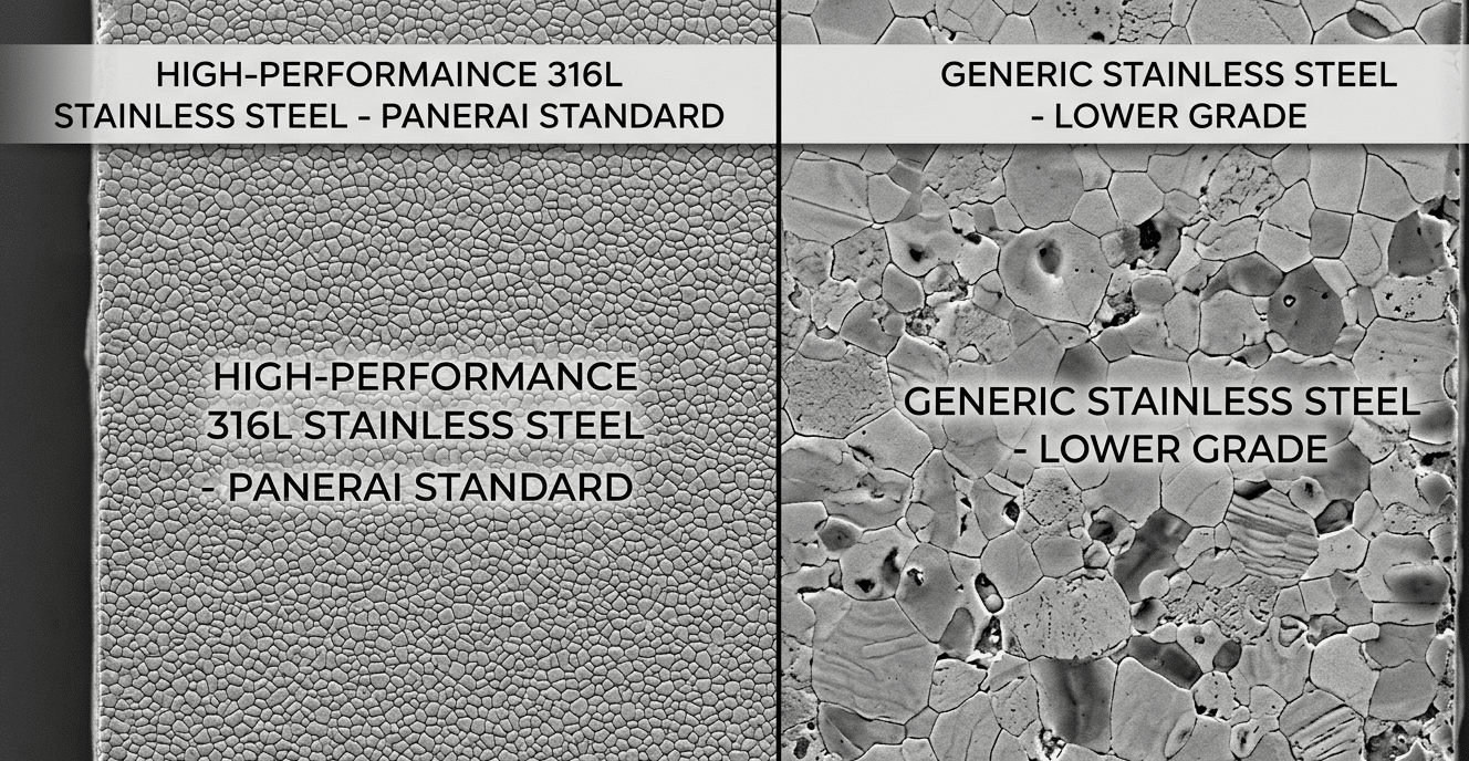 Microscopic view of 316L steel grain structure vs. generic stainless steel