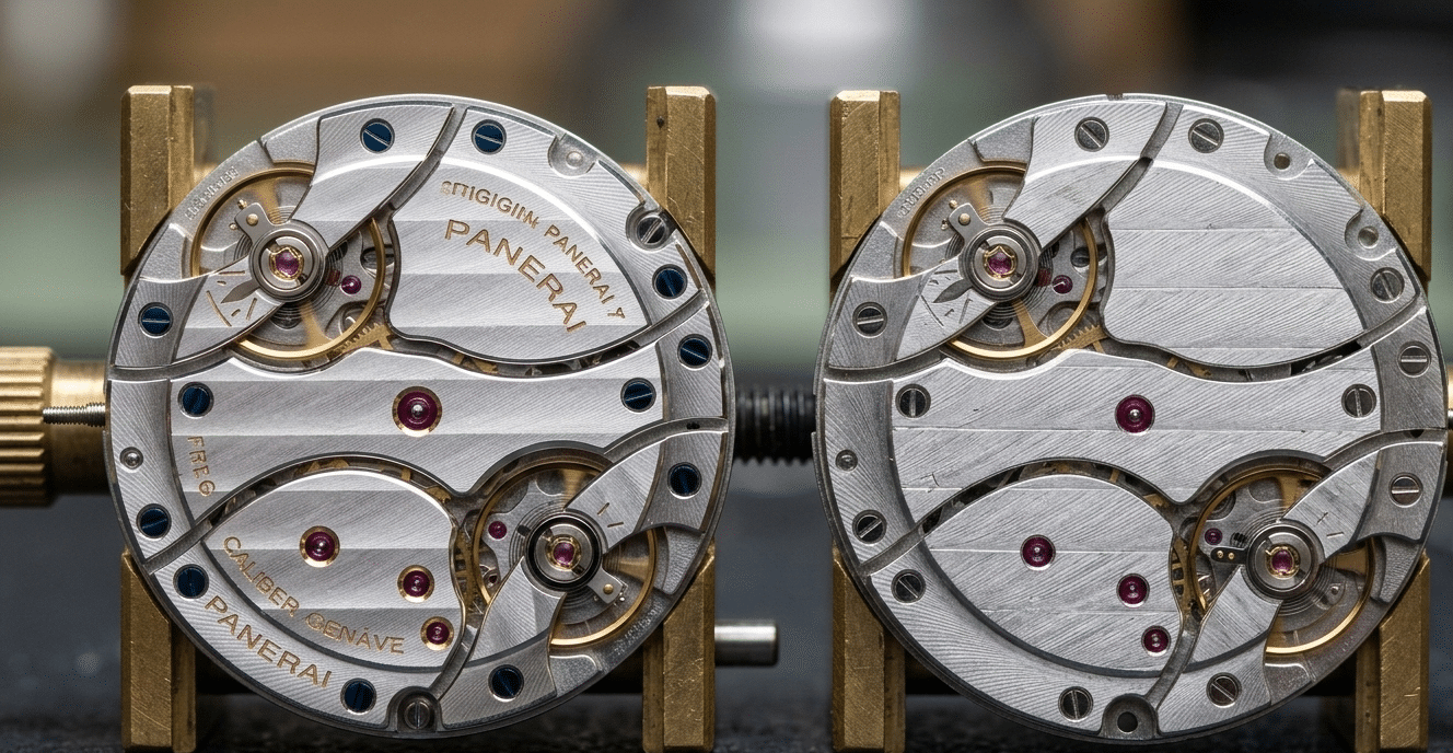 A close-up side-by-side comparison of a genuine Panerai movement's Côtes de Genève finishing versus a Clean Factory clone movement's machine-applied pattern.