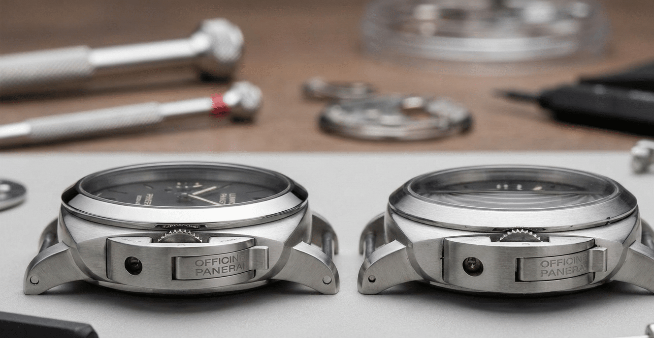 A close-up of a Panerai crown guard mechanism, highlighting the precise engineering of the lever and crown, contrasted with a replica showing subtle misalignment.