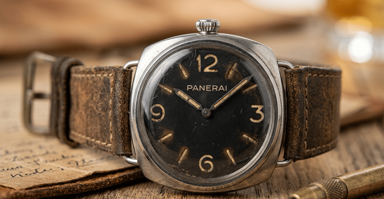 Close-up of an original Panerai Radiomir Ref. 3646 with radium burn on the dial