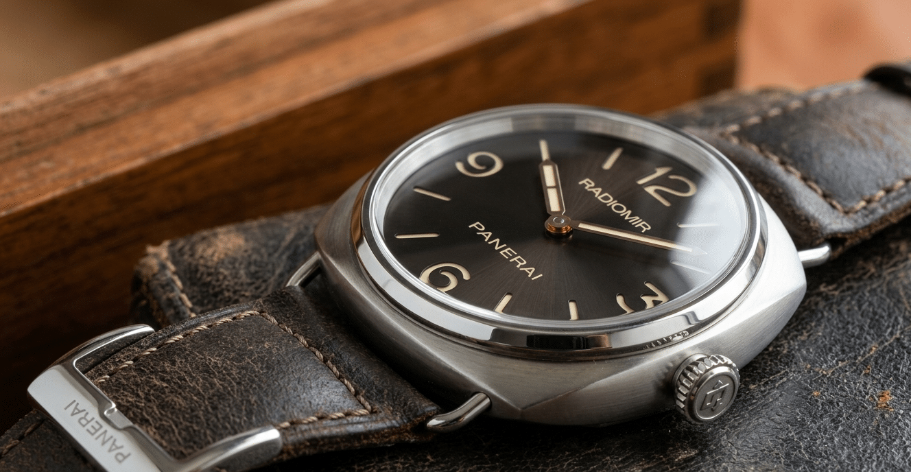 Close-up of a genuine Panerai Radiomir case showcasing its distinct cushion profile and wire lugs