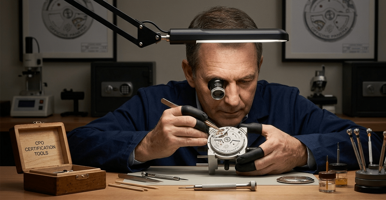Watchmaker using specialized tools to inspect a watch movement under magnification during CPO authentication