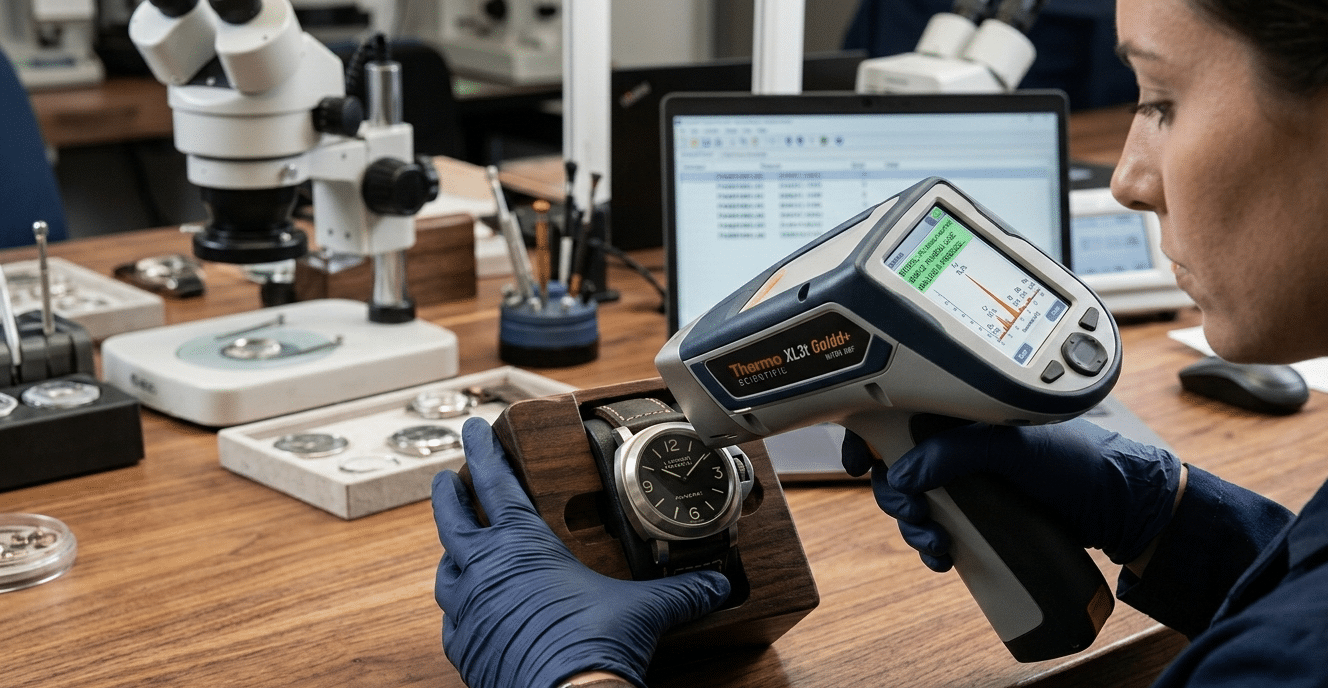 XRF machine scanning a watch case to verify material composition