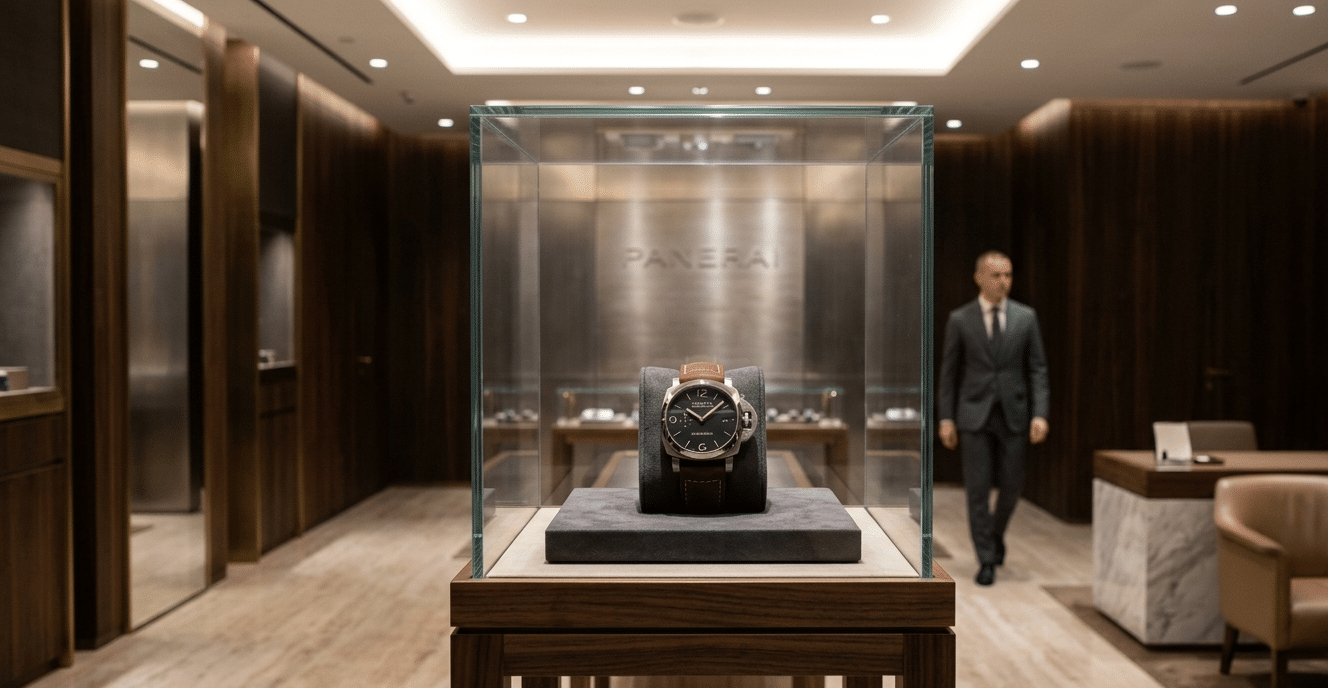 A well-lit, minimalist luxury watch boutique interior with a single watch display case