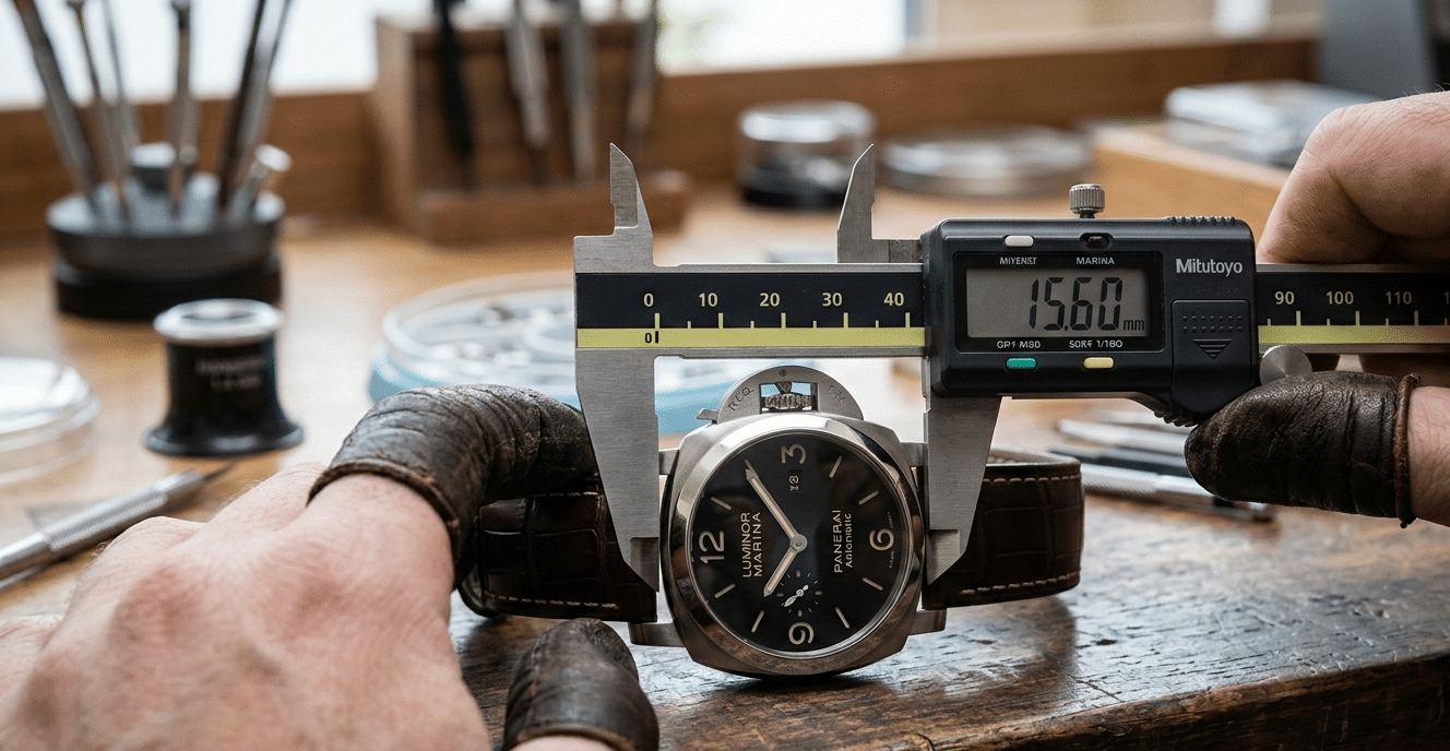 A close-up shot of a digital caliper measuring the case thickness of a watch