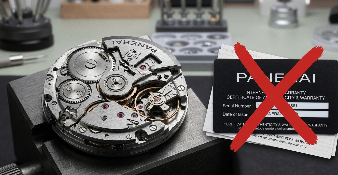 A graphic showing a broken watch movement with a red "X" over a warranty card.