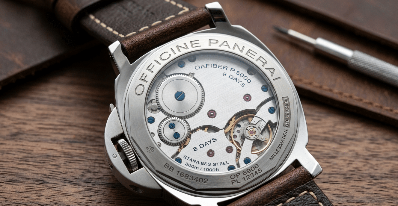 Close-up of a Panerai caseback showing crisp serial number engraving