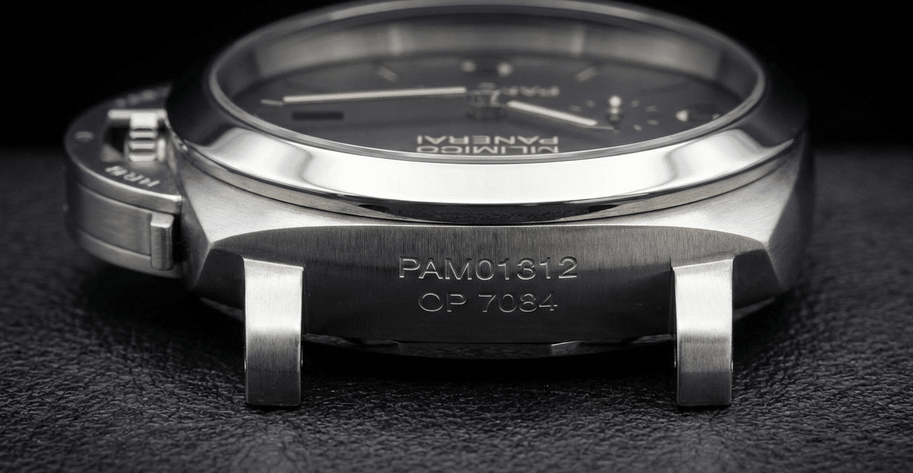 Panerai reference code engraved between the lugs of a watch case