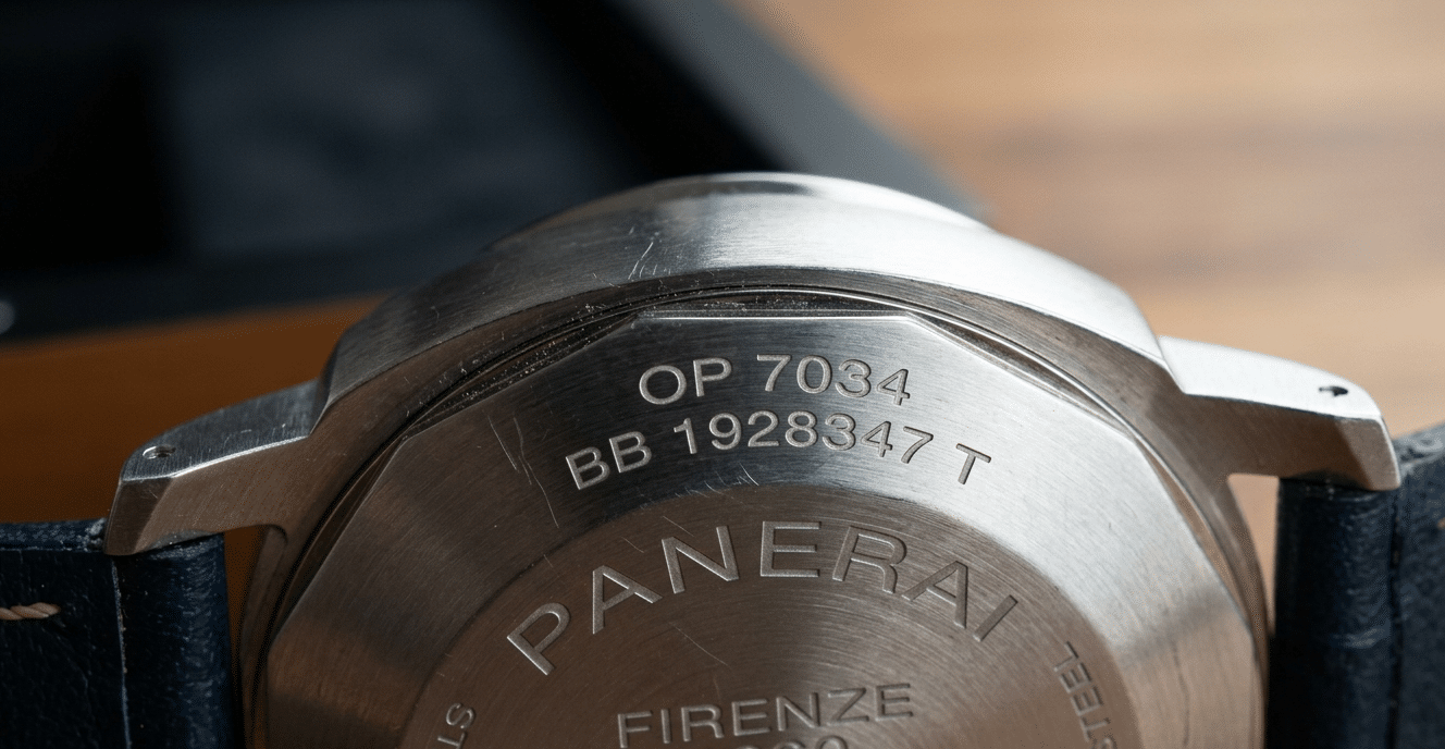Macro shot of Panerai serial number with production series letter