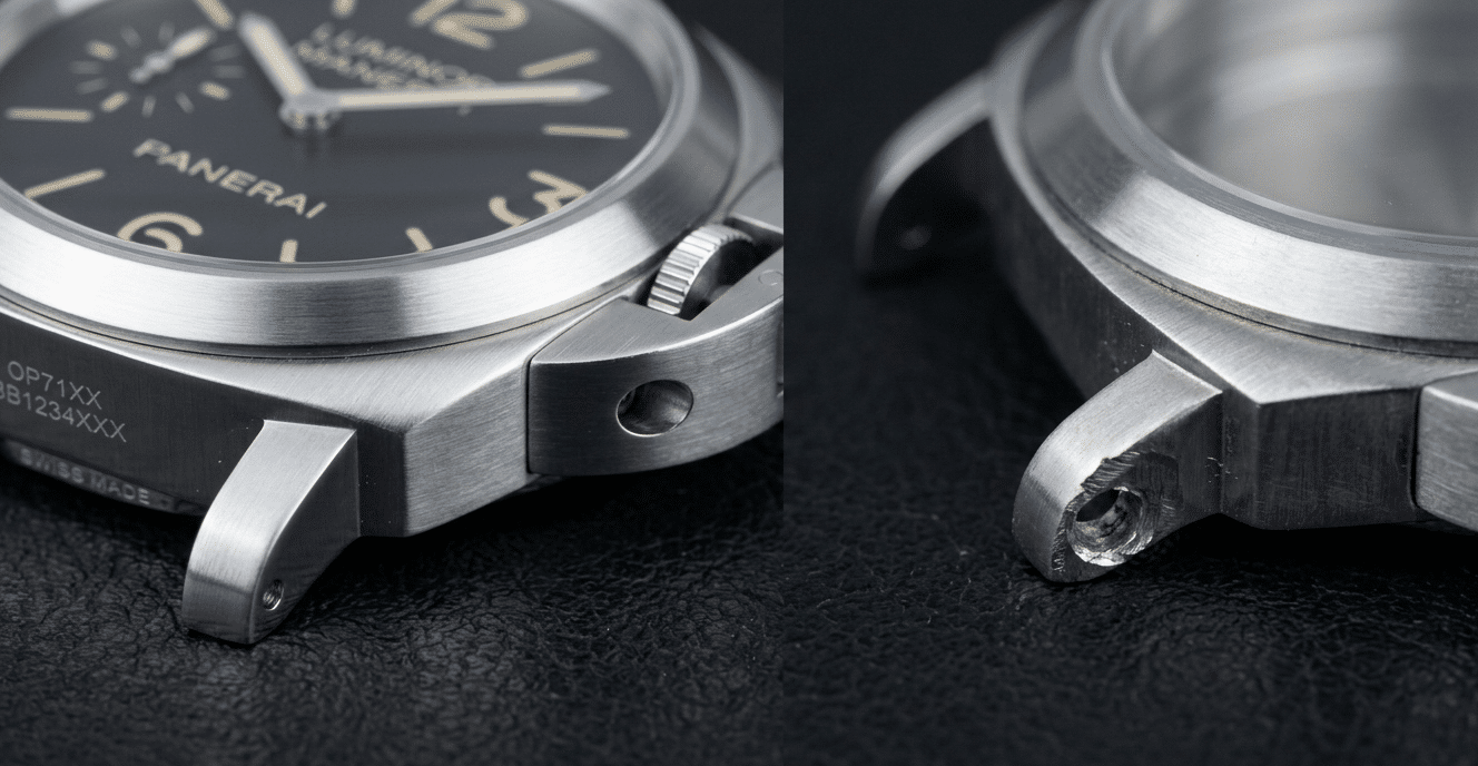 Macro shot of a watch lug hole, showing a clean, sharp inner bevel on a genuine watch versus a rougher, burred edge on a non-genuine counterpart.
