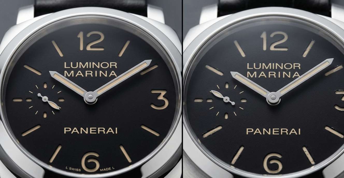 Close-up comparison of a watch dial, highlighting the crisp, perfectly aligned applied indices and logo on a genuine watch versus slightly misaligned, less refined elements on a non-genuine piece.