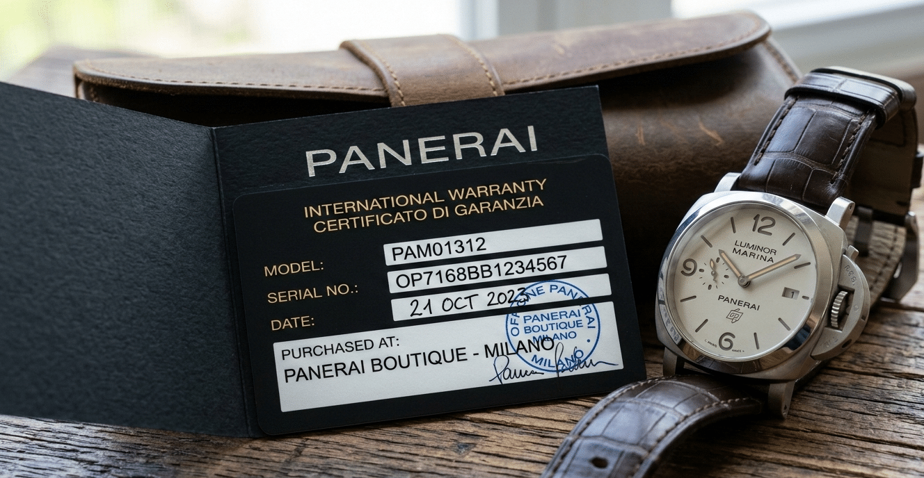 A close-up of a luxury watch warranty card with an official stamp and serial number, highlighting the importance of proper documentation.