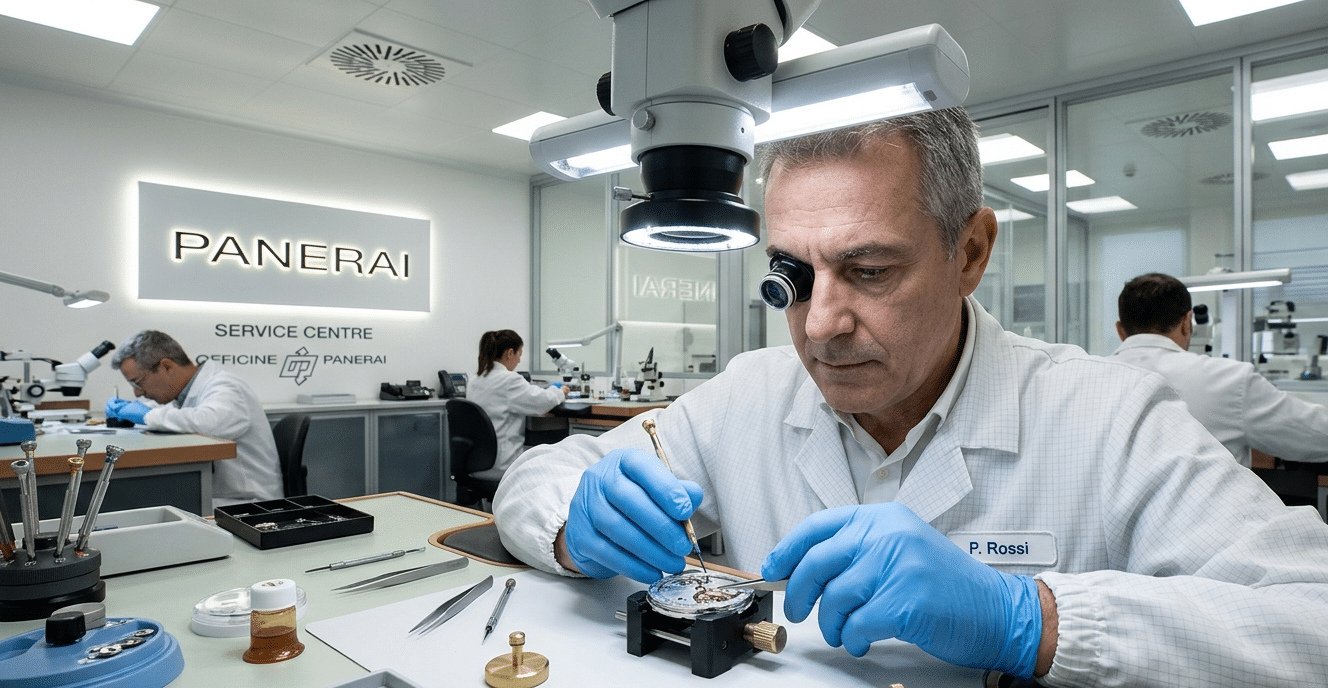 A technician in a clean room working on a watch movement with specialized tools, emphasizing the precision and expertise of official service centers.