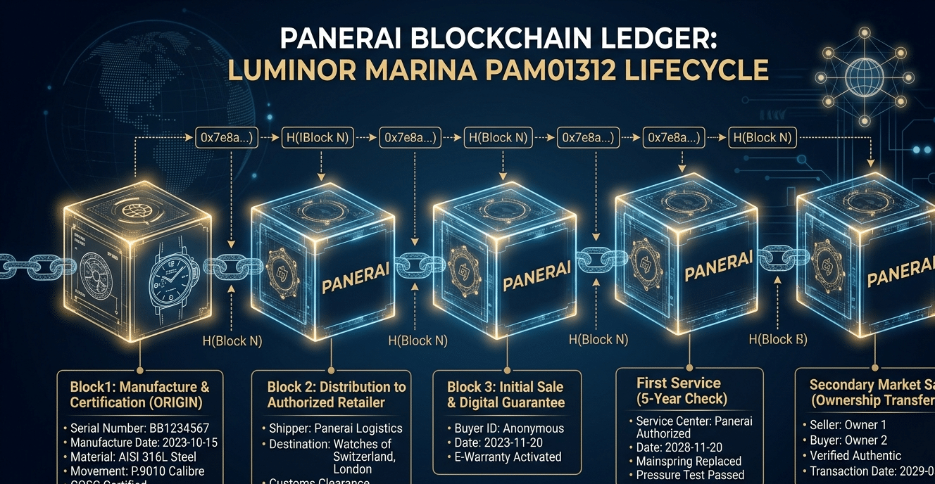 A graphic illustrating the blockchain ledger, showing blocks linked by cryptographic hashes, representing a watch's lifecycle data.
