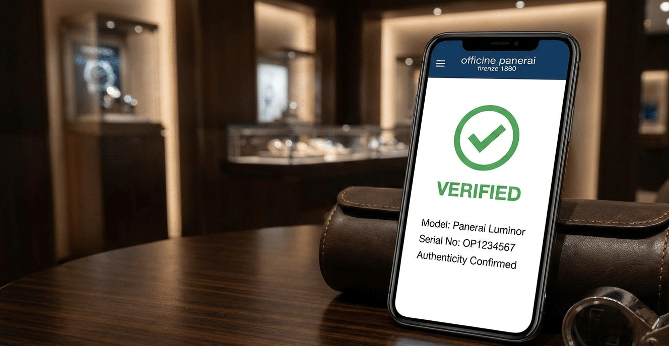 A smartphone screen displaying an official watch brand authentication app interface, showing a "Verified" status after scanning.