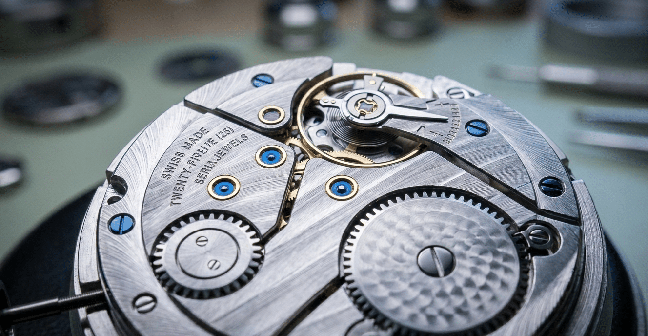 Close-up of a counterfeit watch movement showing laser-etched Geneva stripes and faux jewels, highlighting the high level of detail.